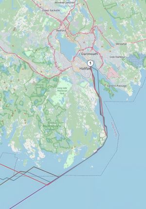 Digital map of Halifax and Dartmouth, Nova Scotia, showing a numbered marker and vessel track lines running out through the harbor toward open ocean.