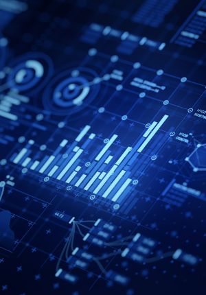 Abstract dark blue data visualization screen with glowing bar charts, radial graphs, grid lines, and alphanumeric data labels rendered at an angle.