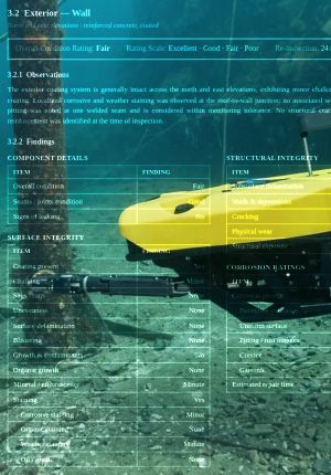 Underwater footage of a yellow ROV with a manipulator arm inspecting a submerged piling, overlaid with a structured inspection report showing condition ratings and findings tables.