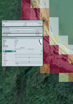 Screenshot of a drone survey dashboard showing a color-coded aerial map grid, flight data panel, and sample flight log for environmental monitoring.