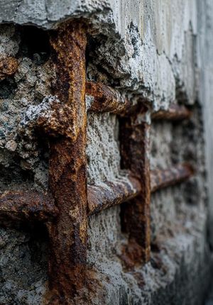 Close-up of weathered, barnacle-covered concrete with exposed, heavily rusted rebar protruding from the surface.