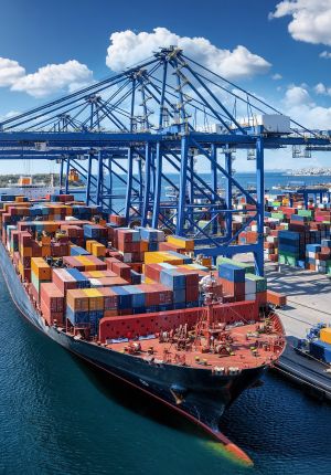 A container ship loaded with stacked multicolored containers docked at a port beneath blue gantry cranes under a bright cloudy sky.