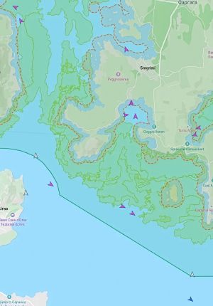 Digital map showing a coastline with dashed orange tracking routes, green boundary overlays, and purple directional markers indicating vessel or asset movement.