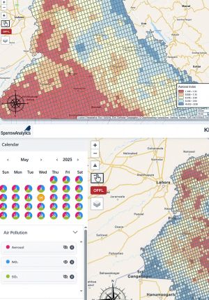 Split-screen dashboard from SparrowAnalytics showing an air pollution heat map over a regional grid and a calendar with daily aerosol, NO2, and SO2 readings.