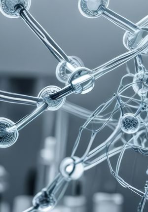 Abstract close-up render of a transparent glass-like molecular lattice structure with connected nodes and rods against a soft blue-grey background.