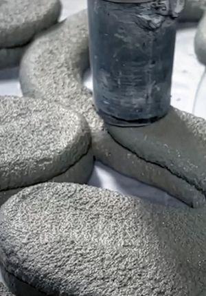 Close-up of round, textured concrete discs produced by a 3D concrete printer, with the print nozzle depositing material onto one of the layered pieces.