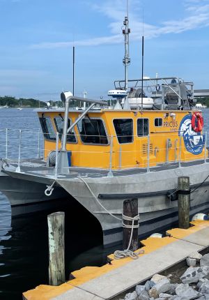 Yellow and gray aluminum catamaran workboat labeled 'Pricus Marine' docked at a pier, equipped with radar, antennas, and deck winches.