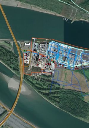 Satellite view of a riverside industrial refinery complex with colored boundary outlines, pipeline routes, and marker pins overlaid for asset mapping.