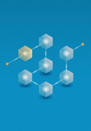 Isometric illustration on a blue background showing seven translucent glowing cubes connected by white lines, with one cube highlighted gold and two orange endpoint nodes.