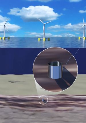 Cross-section illustration of floating offshore wind turbines above the waterline, with a magnified inset showing a cylindrical suction anchor embedded in the seabed.