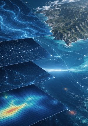 Stylized illustration of layered ocean data planes — current streamlines, point clouds, network grids, and a heat map — floating above a rendered coastline.