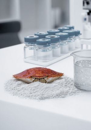 A red crab shell resting on a mound of fine white powder on a lab bench.