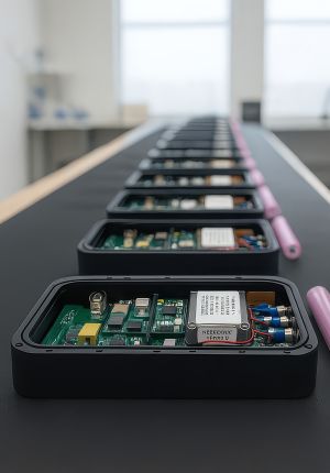 A row of open black electronic enclosures on a dark table, each showing green circuit boards, components, and wiring, receding into a bright office background.